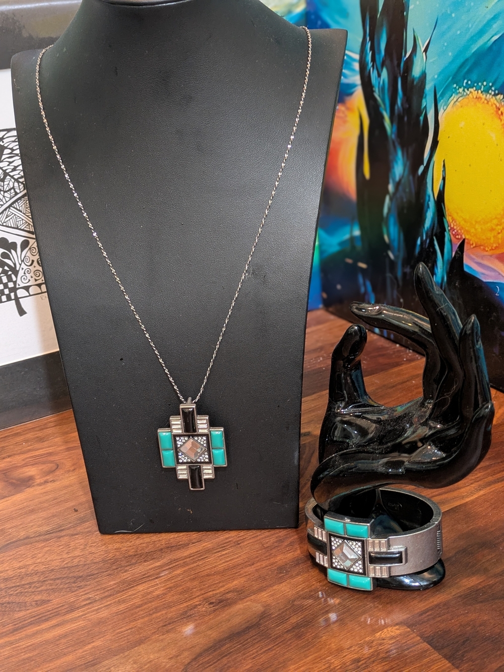Art Deco Style Lia Sophia Clamper Bracelet And Necklace Set: Like New Condition